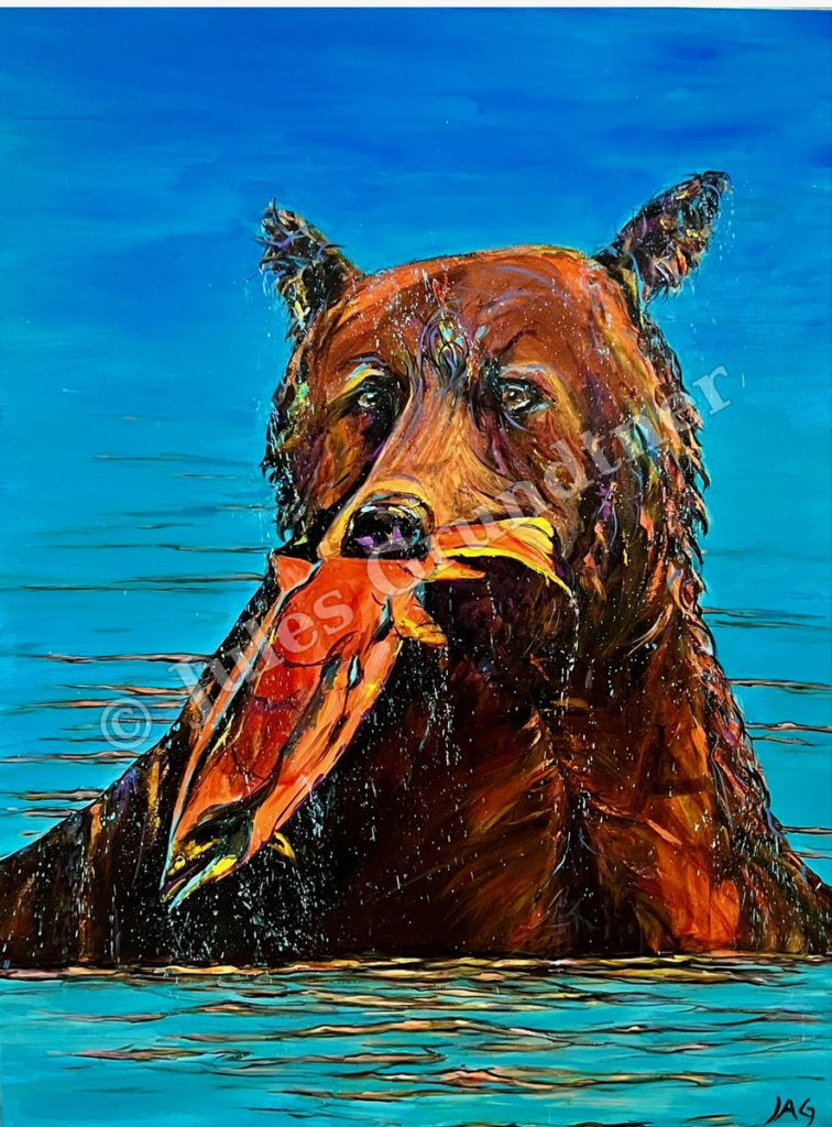 Brown Bear with Salmon — original painting by Julie Grundtner, Evergreen, Colorado