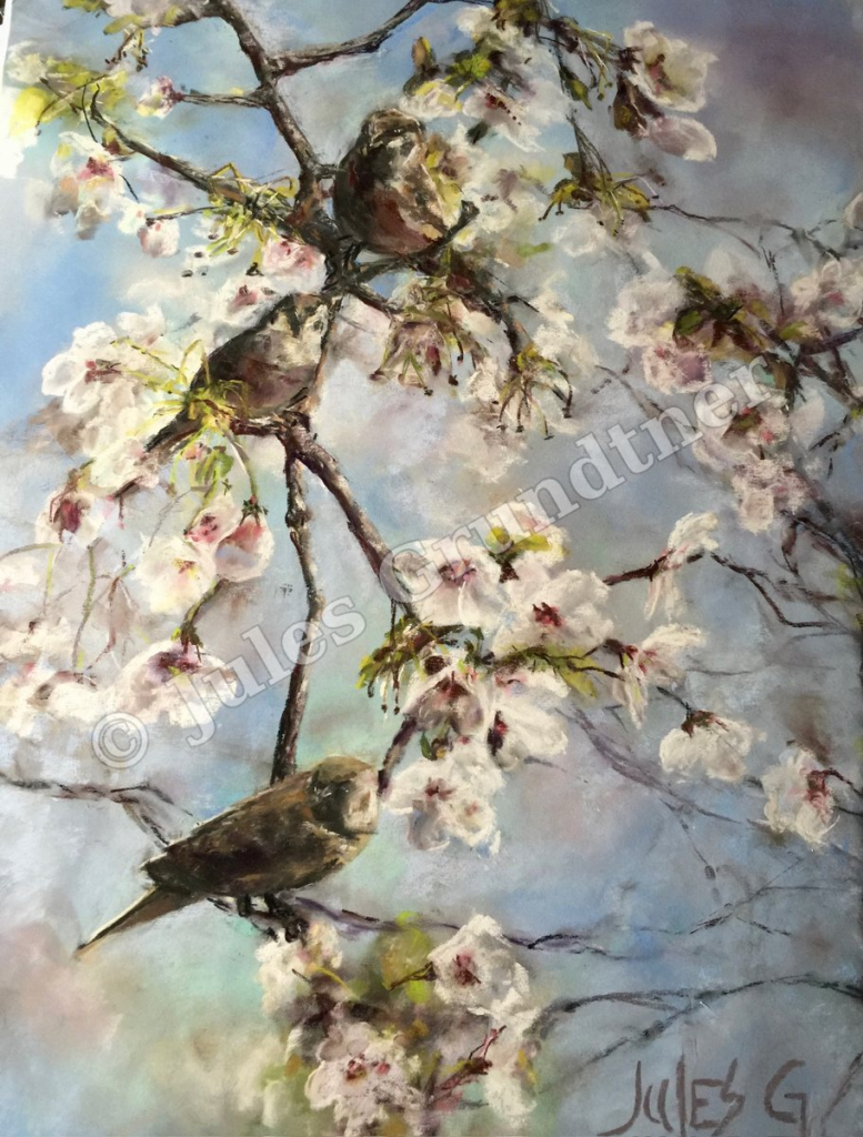 Cherry Blossom Birds — original painting by Julie Grundtner, Evergreen, Colorado
