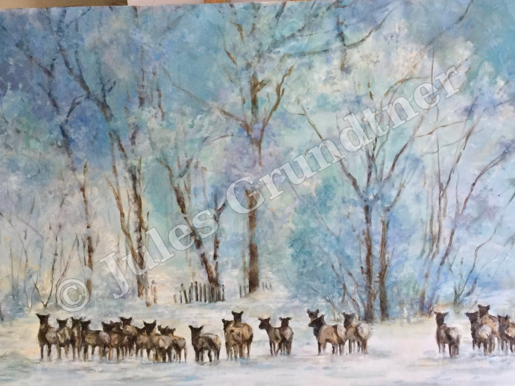 Elk Herd in Winter — original painting by Julie Grundtner, Evergreen, Colorado