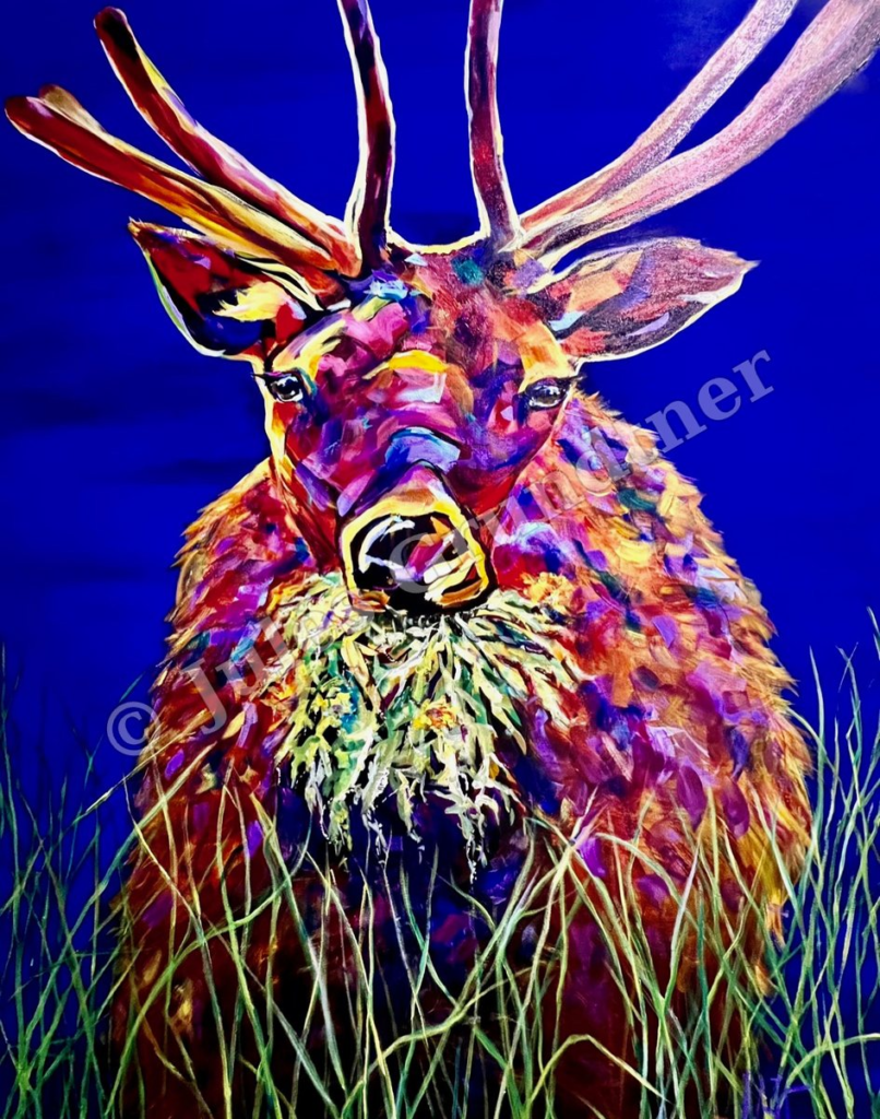 Elk Portrait on Blue — original painting by Julie Grundtner, Evergreen, Colorado