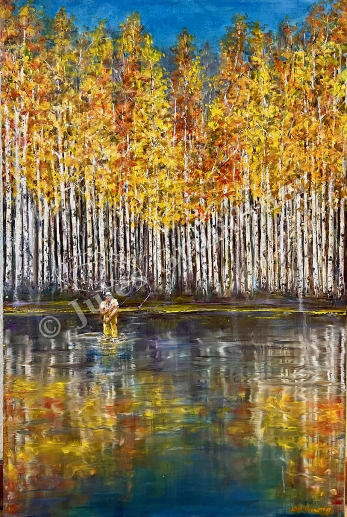 Fly Fisherman in Aspens — original painting by Julie Grundtner, Evergreen, Colorado