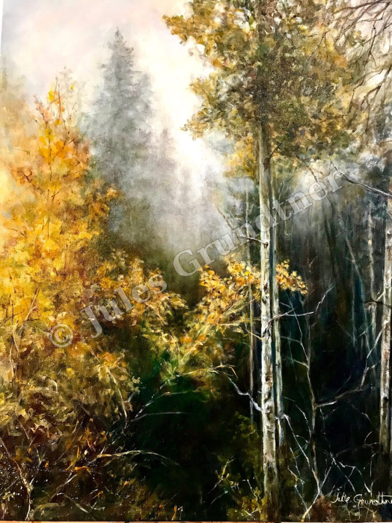 Golden Aspen Mist — original painting by Julie Grundtner, Evergreen, Colorado