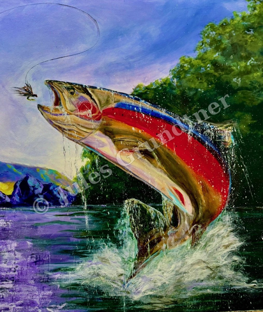 Leaping Trout — original painting by Julie Grundtner, Evergreen, Colorado