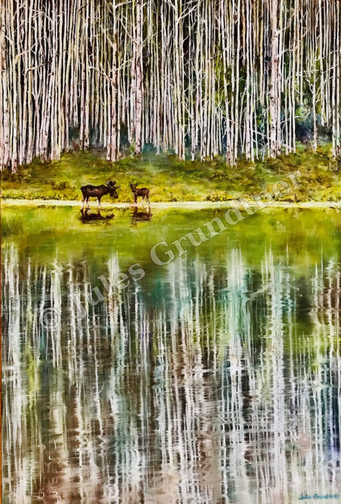 Moose at Aspen Lake — original painting by Julie Grundtner, Evergreen, Colorado