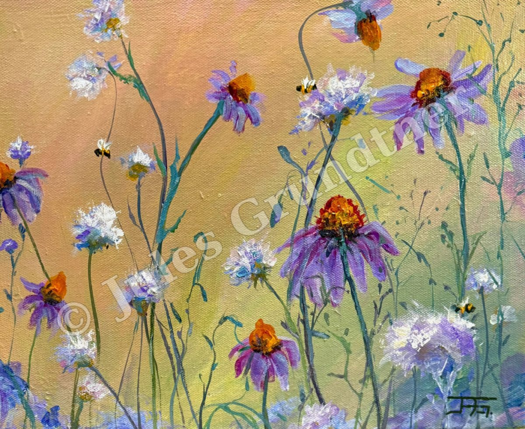 Purple Coneflowers and Bees — original painting by Julie Grundtner, Evergreen, Colorado
