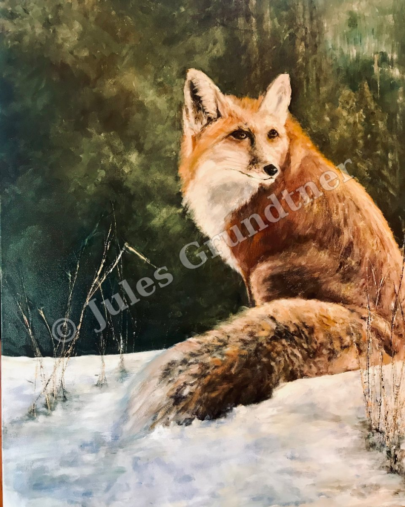 Red Fox in Snow — original painting by Julie Grundtner, Evergreen, Colorado