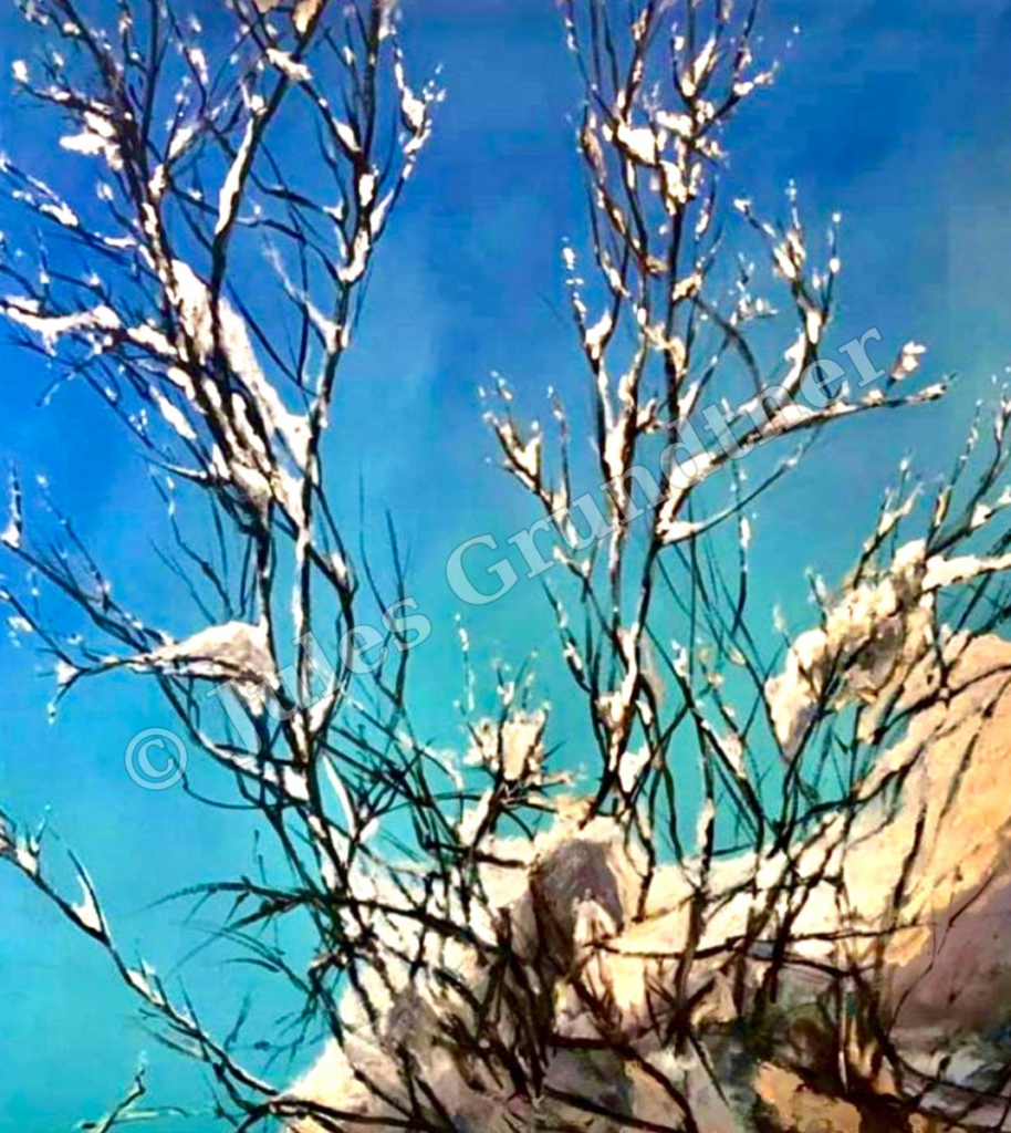 Snow Branches Against Blue Sky — original painting by Julie Grundtner, Evergreen, Colorado
