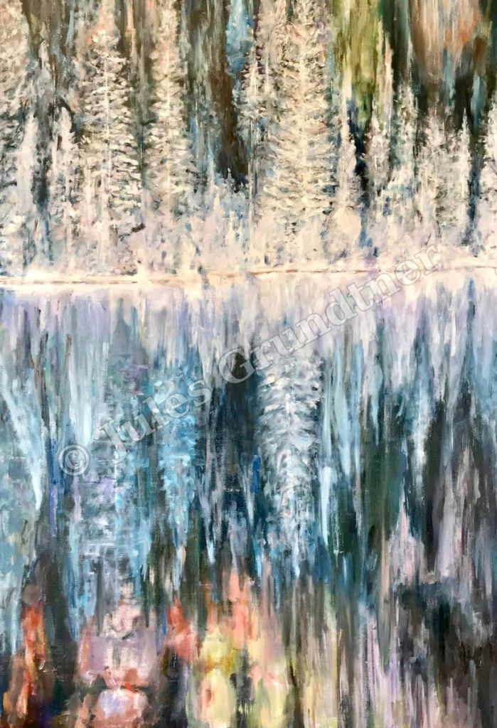 Snowy Forest Reflection — original painting by Julie Grundtner, Evergreen, Colorado