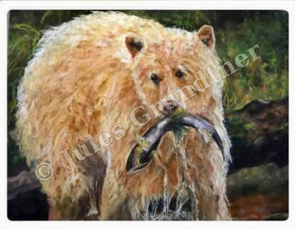 Spirit Bear with Salmon — original painting by Julie Grundtner, Evergreen, Colorado