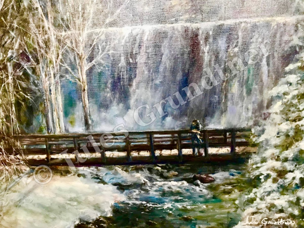 The Footbridge — original painting by Julie Grundtner, Evergreen, Colorado