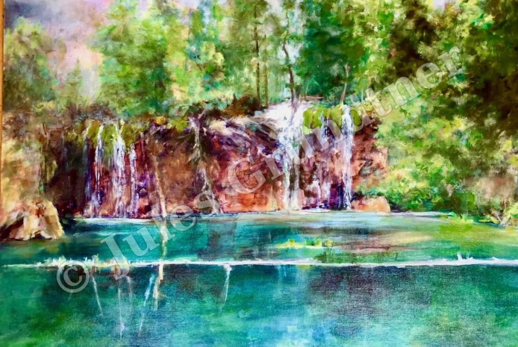 Turquoise Waterfall, Hanging Lake — original painting by Julie Grundtner, Evergreen, Colorado