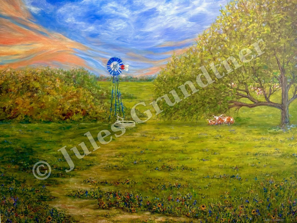 Windmill Pasture — original painting by Julie Grundtner, Evergreen, Colorado