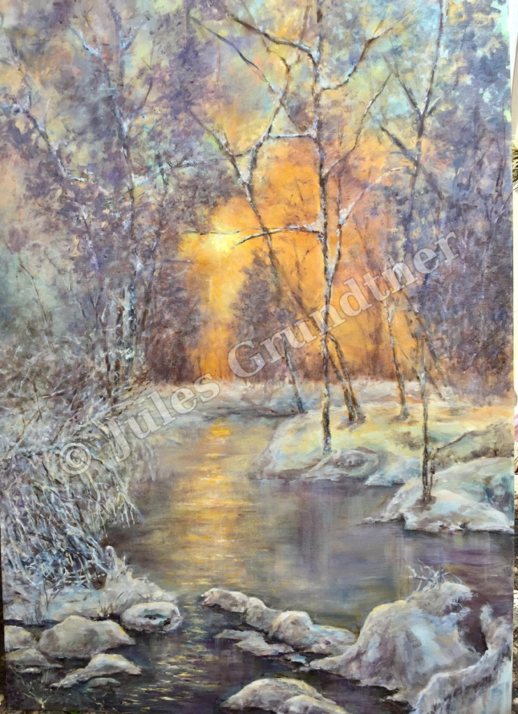 Winter Stream at Sunset — original painting by Julie Grundtner, Evergreen, Colorado